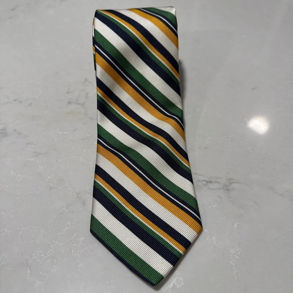 Robert Talbott Silk Repp Tie Ivory Navy‎ Green Gold Regimental Stripe 58 x 3.25